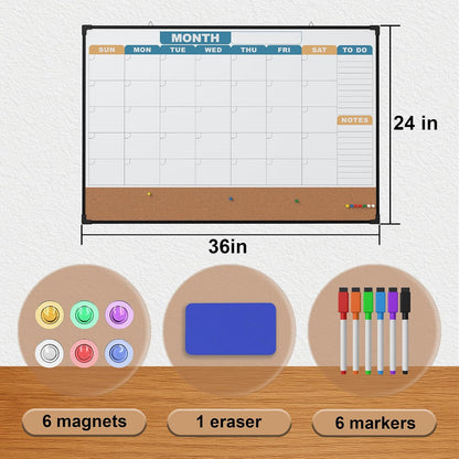 Monthly Calendar Dry Erase Board 16x12 Inch, Double-Sided Whiteboard and Corkboard Combo, Wall Mounted Planner Organizer with Markers, Magnets, Push Pins, Eraser, for Home Office School