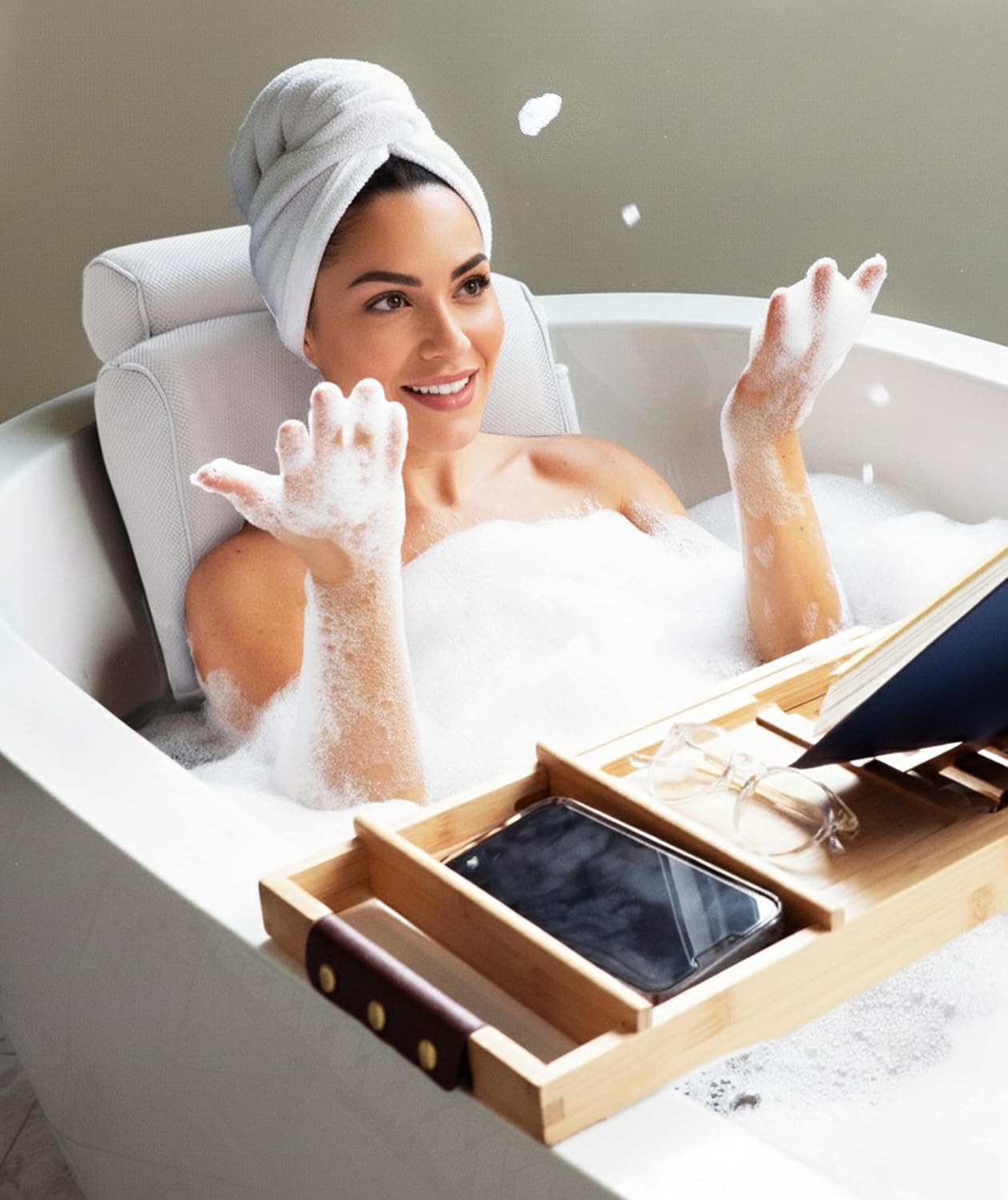 Everlasting Comfort Luxury Bath Pillows for Tub with Head and Neck Support - Non-Slip Bathtub Pillow with Suction Cups, Quick-Drying Mesh & Drying Hook - Jacuzzi & Spa Accessories for Women - Gray