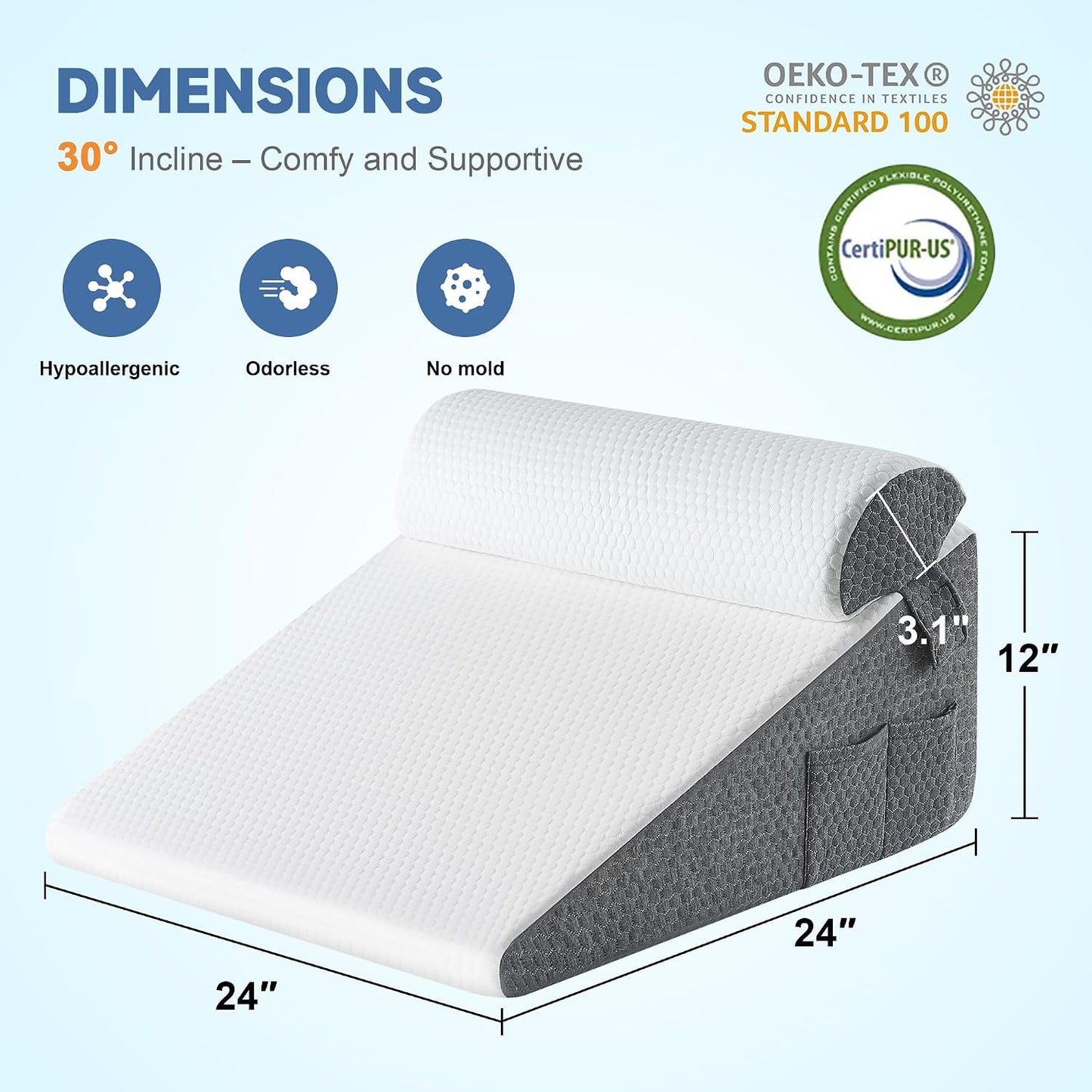 Yojoker Wedge Pillow for Sleeping - 12 Inch Bed Wedge for Headboard Triangle Pillow, Memory Foam Wedges for Acid Reflux, GERD, Snoring, Post Surgery Back Pain Relief, Leg Elevation, Washable Cover