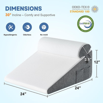 Yojoker Wedge Pillow for Sleeping - 12 Inch Bed Wedge for Headboard Triangle Pillow, Memory Foam Wedges for Acid Reflux, GERD, Snoring, Post Surgery Back Pain Relief, Leg Elevation, Washable Cover