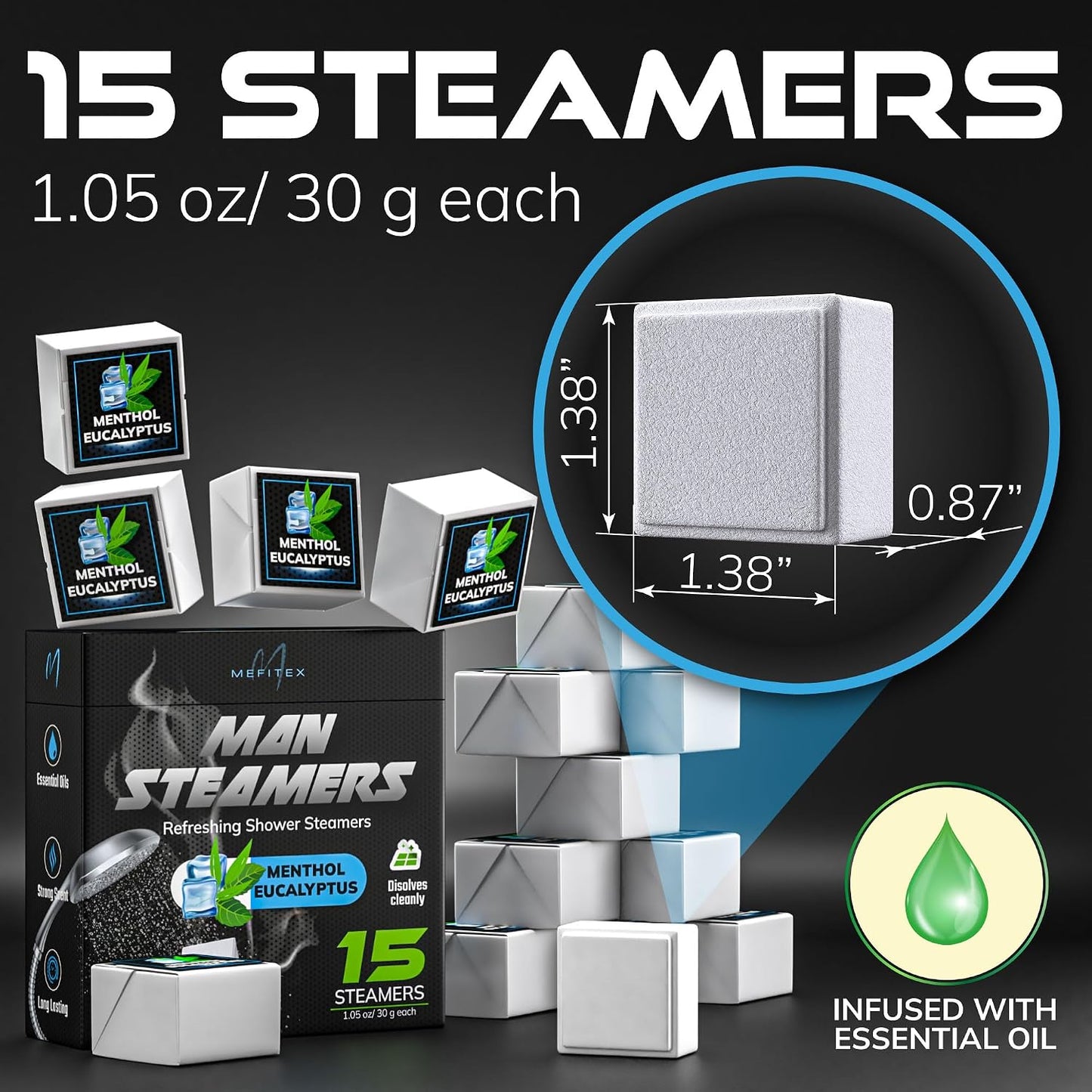Shower Steamers for Men - 15 Pack Eucalyptus Aromatherapy Shower Steamers, Strong Scent, Long Lasting, Premium Essential Oils, Gifts for Men Relaxation and Sinus Relief