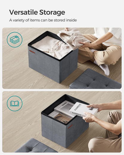 SONGMICS Small Folding Storage Ottoman, Foot Rest Stool, Cube Footrest, Synthetic Leather, 12.2 x 16.1 x 12.2 Inches, 286 lb Capacity, for Living Room, Bedroom, Dorm, Ink Black ULSF100B01