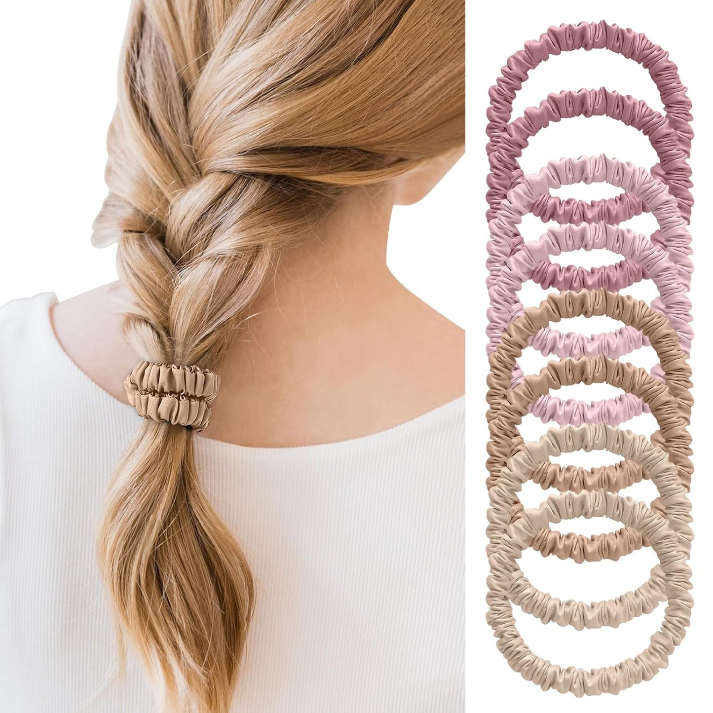 4Pcs Mulberry Silk Scrunchies Set, Silk Hair Ties Elastic for Women, Skinny Scrunchies Reduces Breakage for All Hair Types