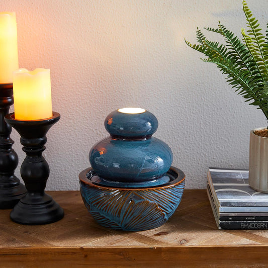 Glitzhome Ceramic Tabletop Tiered Water Fountain with Pump and LED Light 8.75'' Turquoise Leaf Textured Water Fountain Zen Decor for Indoor and Home Decoration Table Desk Office Patio