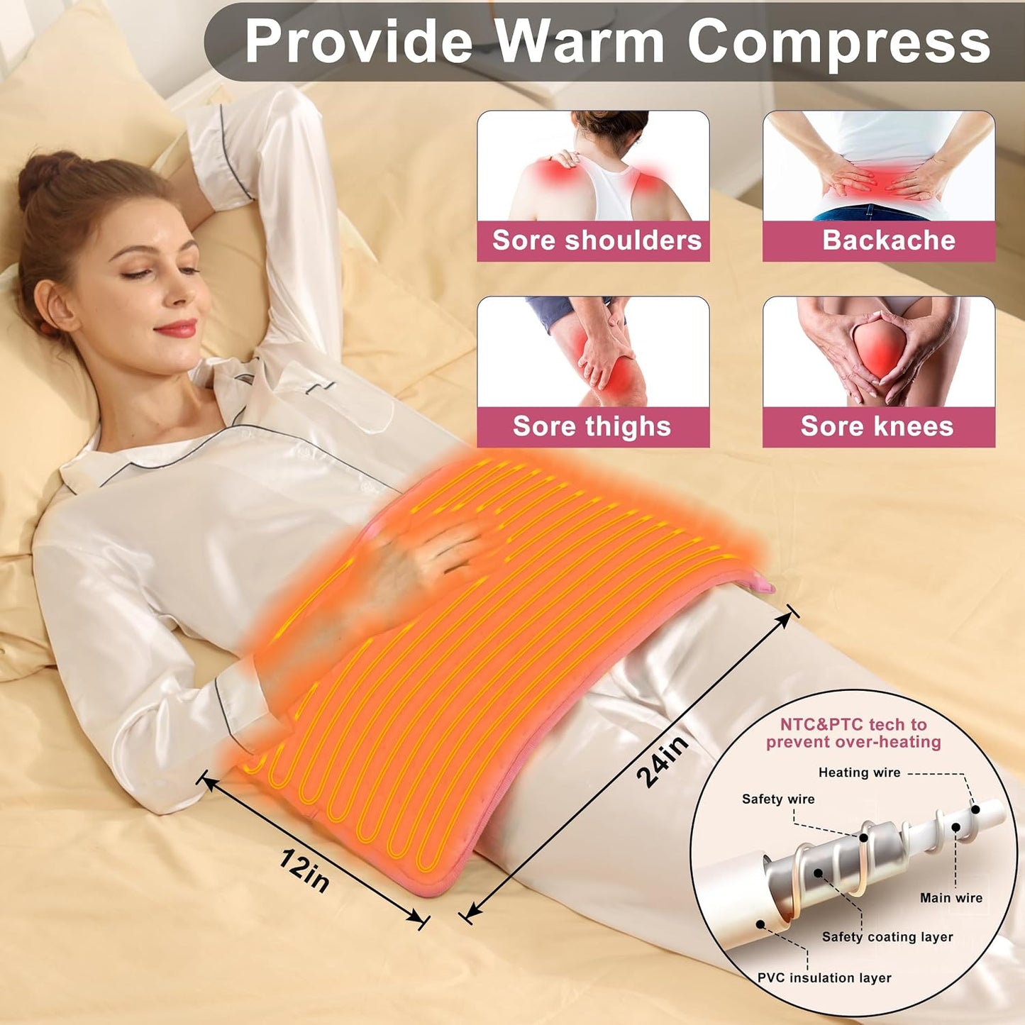 Heating Pad Electric Heat Pad, Hot Heated Pad,Multiple Temp and Timer Settings,Suitable for Shoulders, Neck, arms, Abdomen, Back, Legs, etc. (Silver Gray, 24"X12")