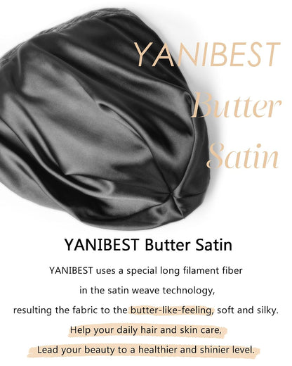 YANIBEST Hair Cover Bonnet Satin Sleep Cap - Adjustable Stay on Silk Lined Slouchy Beanie for Night Sleeping Surgical Hats Pure Black