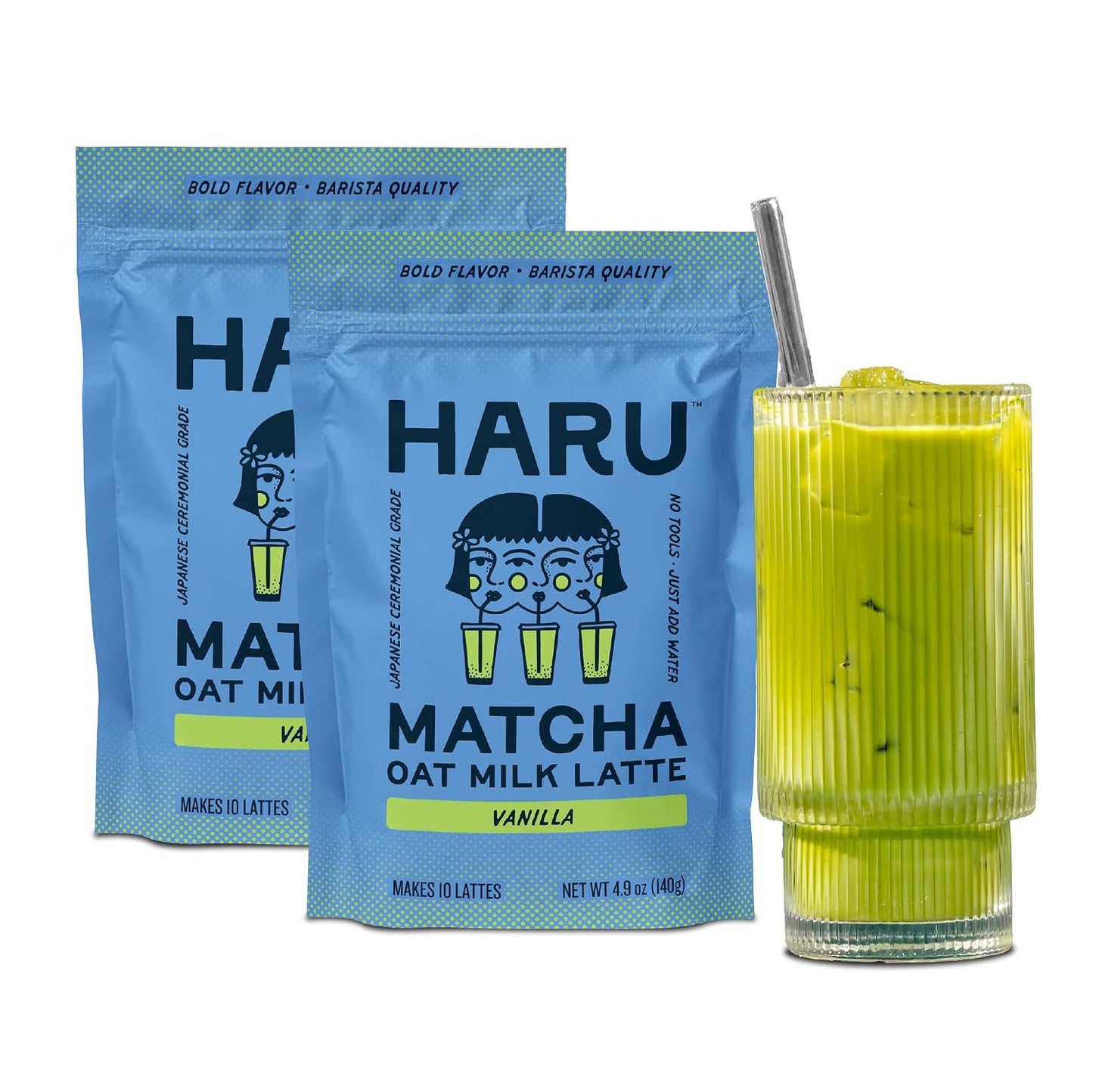 Haru Original Matcha Oat Milk Latte Mix, Ceremonial Japanese Matcha, Barista-Style Instant Latte, Vegan, Non-Dairy, Smooth Clean Energy, Just Add Water, 2-Pack (20 Lattes)