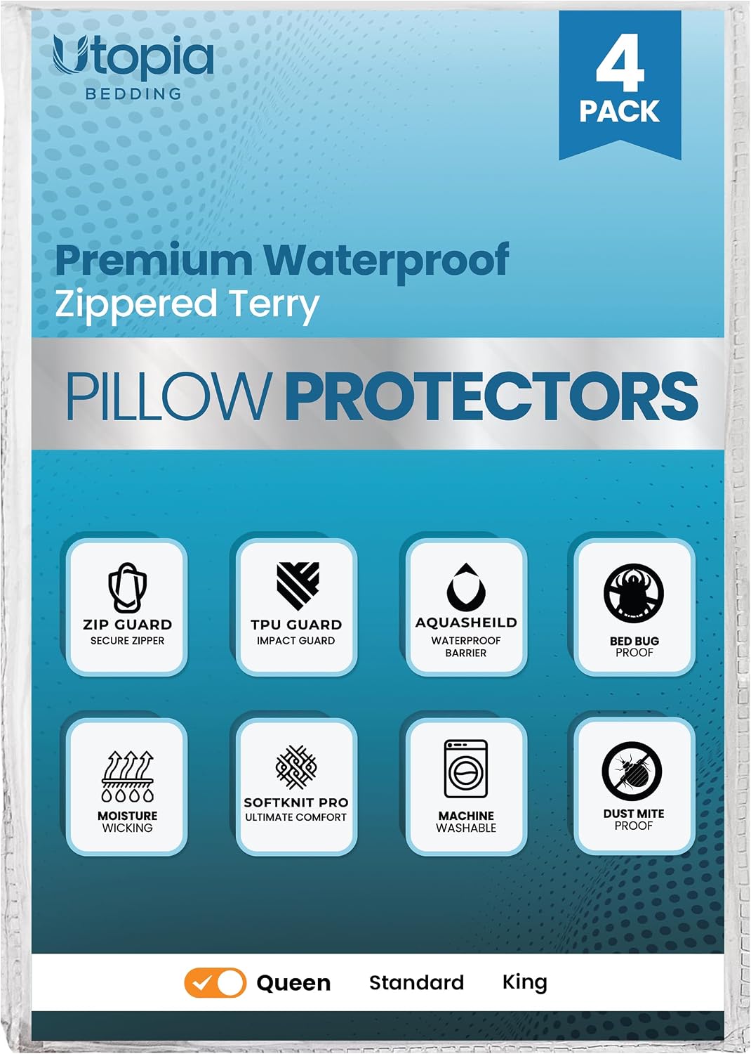 Utopia Bedding Set of 4 Waterproof Pillow Protectors with Zipper Standard Size, Terry Pillow Covers, Bed Bug and Dust Mite Proof Pillow Cases