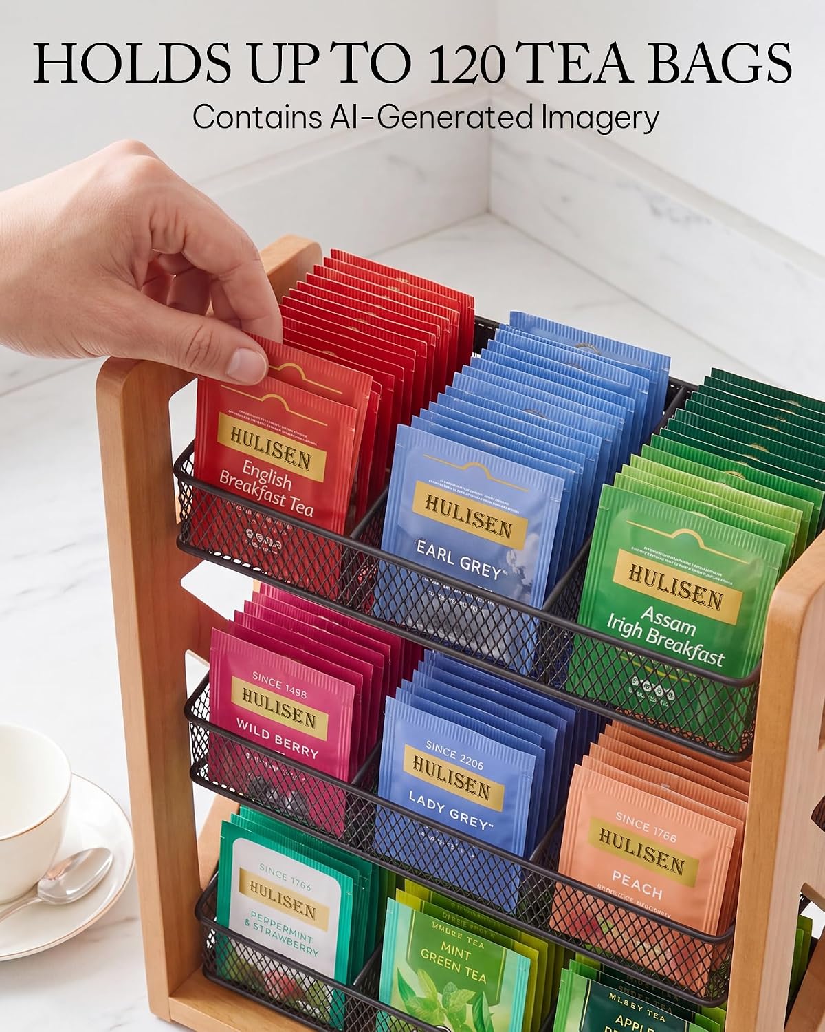 HULISEN Tea Bag Organizer, 3 Tier Tea Bag Holder, Holds Up to 120 Teabags