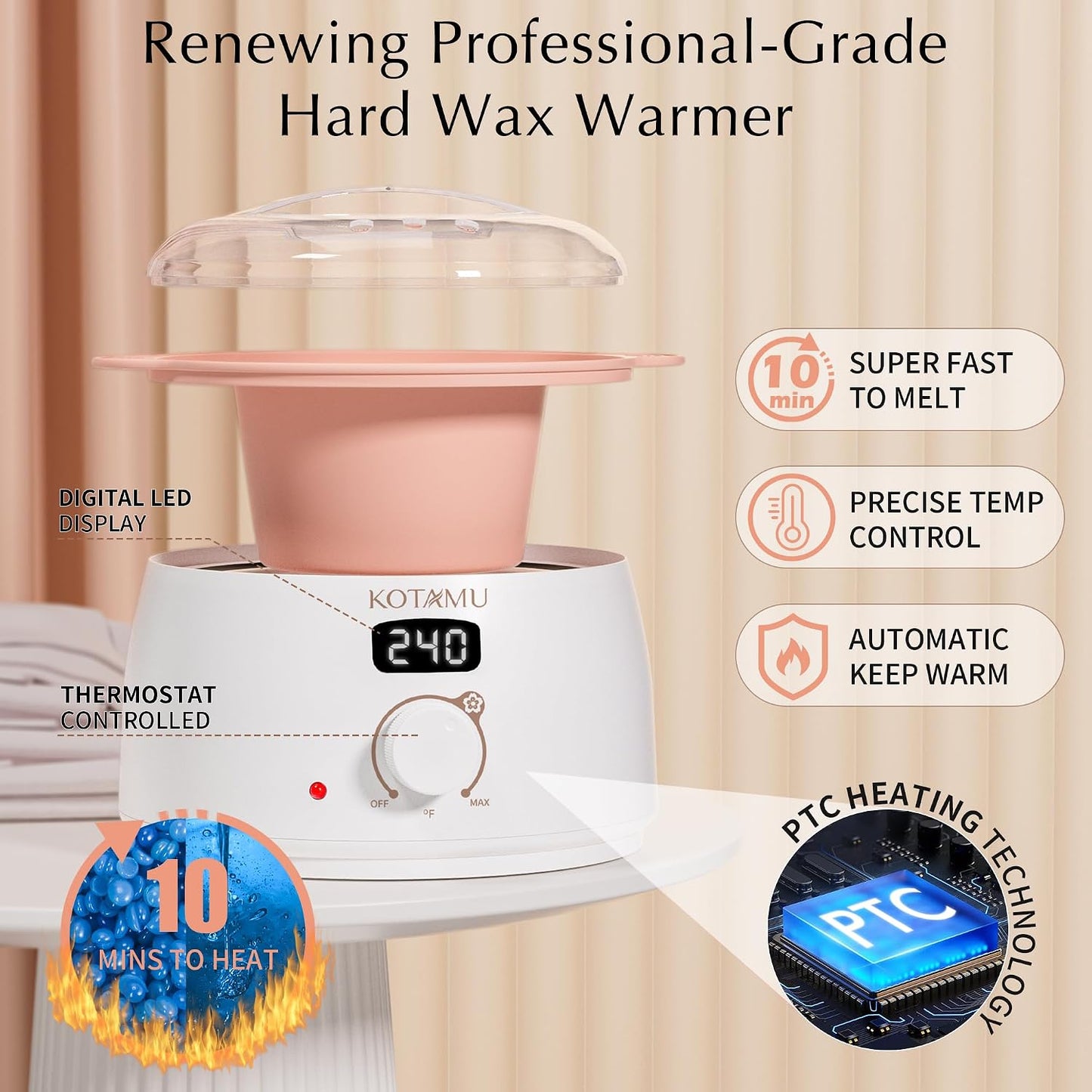 KOTAMU Waxing Kit for Women & Men, Pink Digital Wax Pot Warmer Hair Removal | Home Hard Wax Kit, Wax Machine, Face, Eyebrow, Bikini, Brazilian, Body, Sensitive Skin, 25 Accessories, Beginner-Friendly