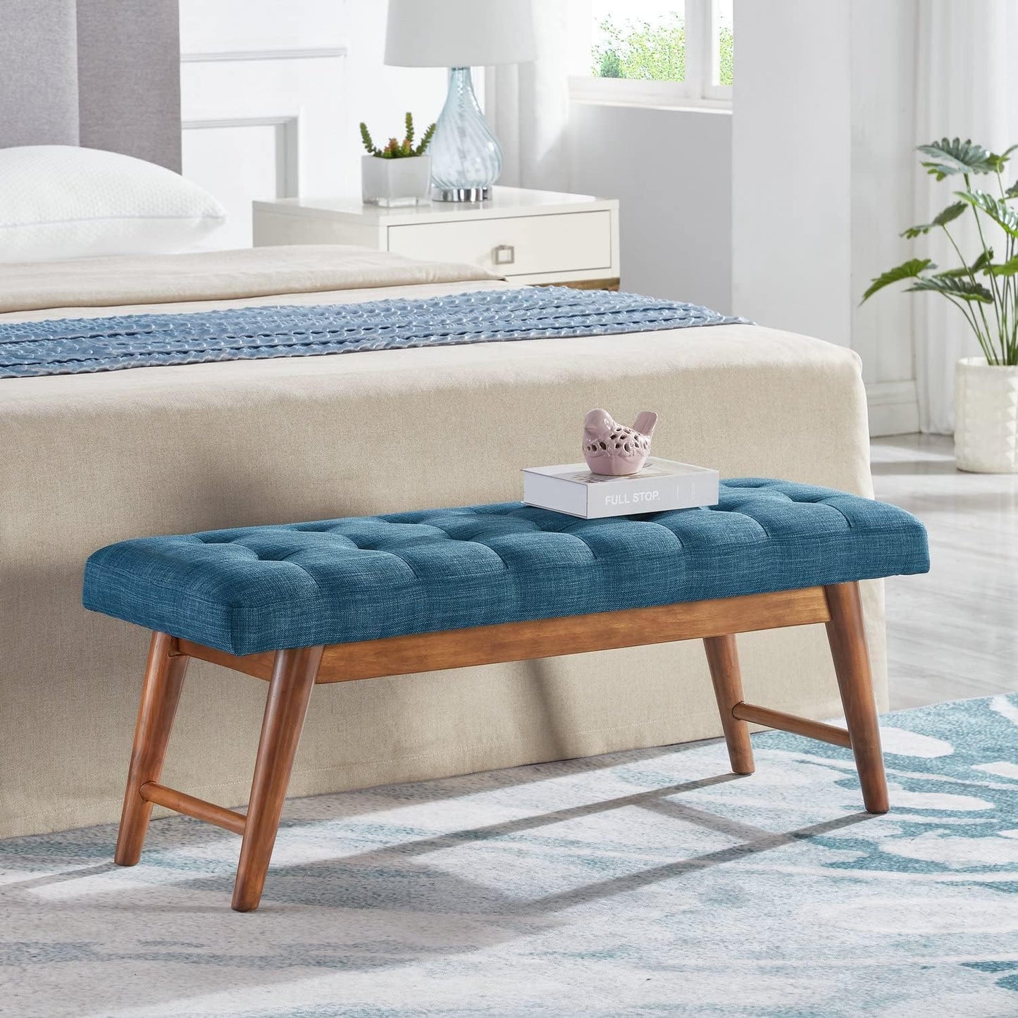 Amazon Basics Small Ottoman Foot Rest, Mid-Century Modern X Square Polyester Foot Stool, Linen, Ivory White, 18" D x 19.8" W x 18.3" H