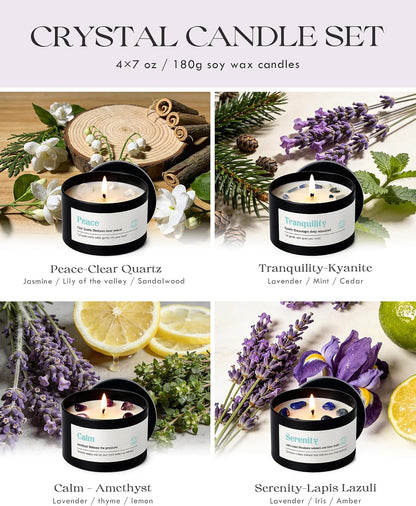 AOOVOO Crystal Energy Candles Set for Women - 4 Pack 26 oz Soy Wax Candles for Home Scented, 200 Hour Long Lasting Candle, Laughter Red Crystal/Love Rose Quartz/Joy Citrine/Passion Red Quartz
