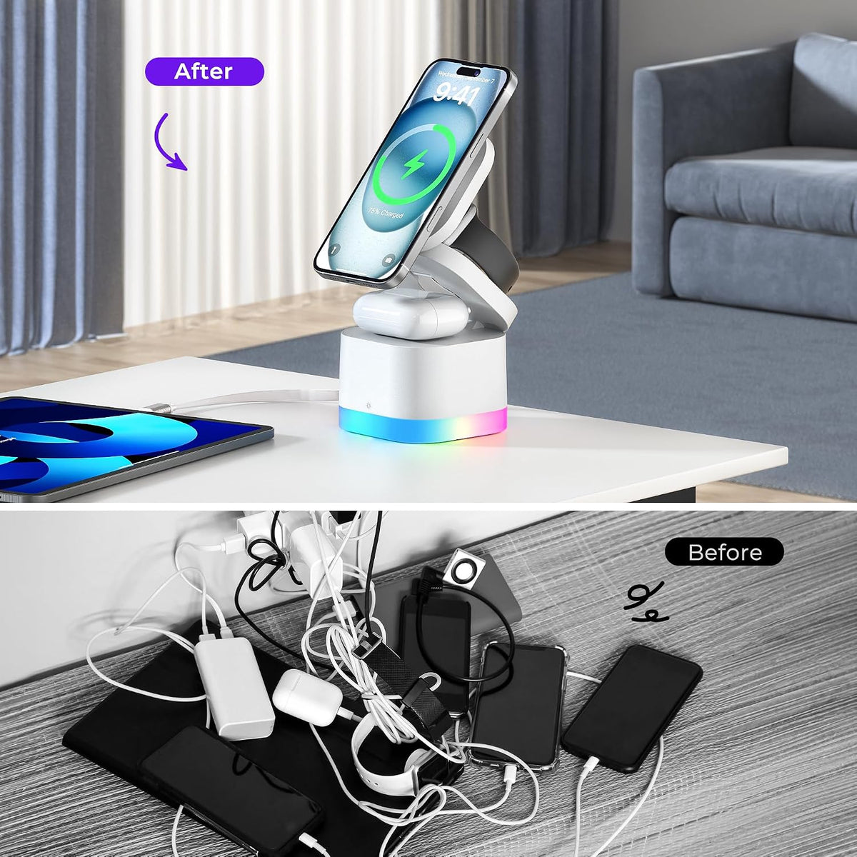 3-in-1 Magnetic Wireless Charging Station, Foldable Charger Stand