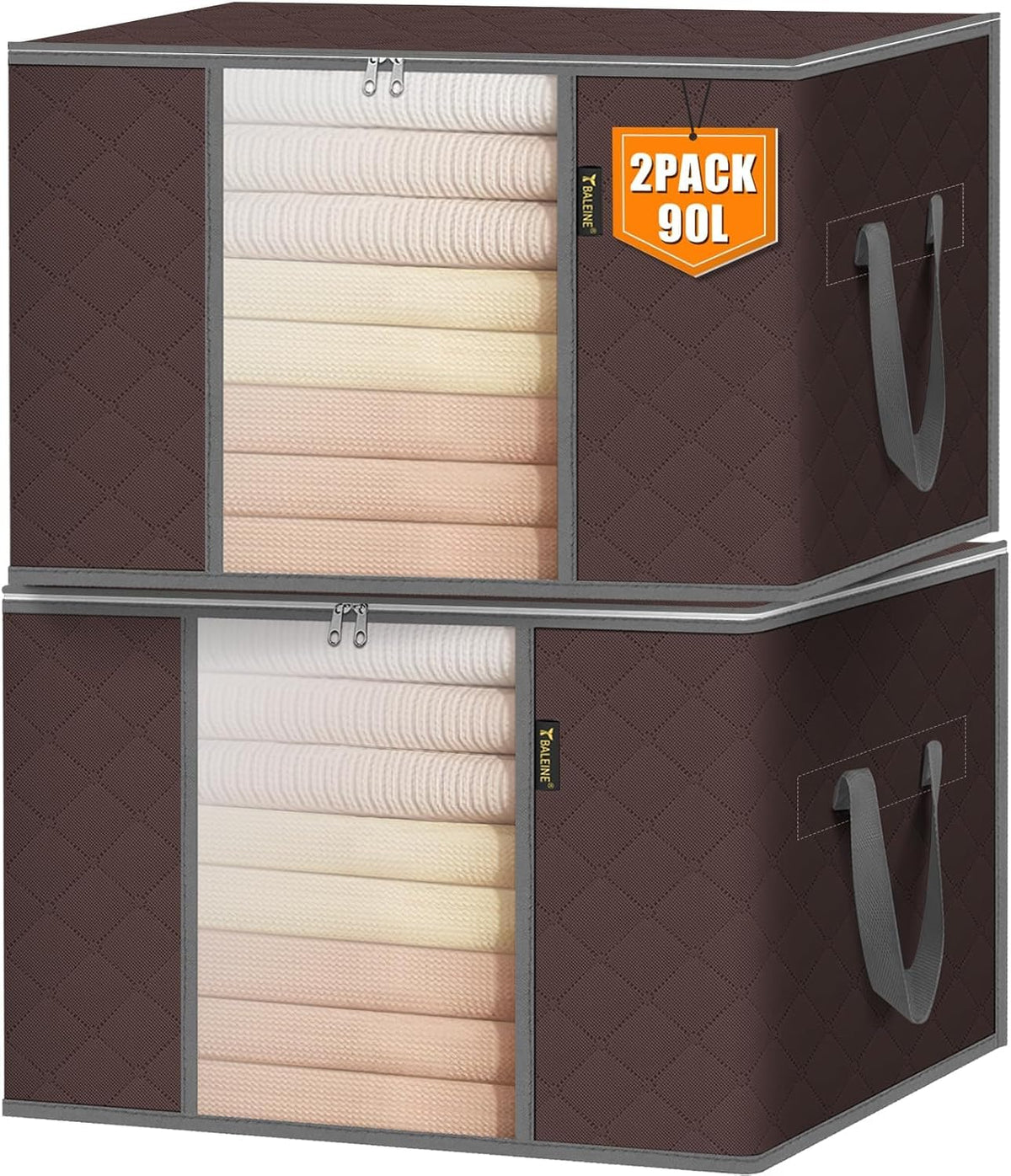BALEINE Clothes Storage Bags, 24 Gallon Storage Containers with Reinforced Handle, Sturdy Zipper, Closet Organizer for Blanket, Comforter, Pillow, Bedding (Brown)