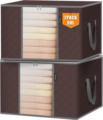 BALEINE Clothes Storage Bags, 24 Gallon Storage Containers with Reinforced Handle, Sturdy Zipper, Closet Organizer for Blanket, Comforter, Pillow, Bedding (Brown)