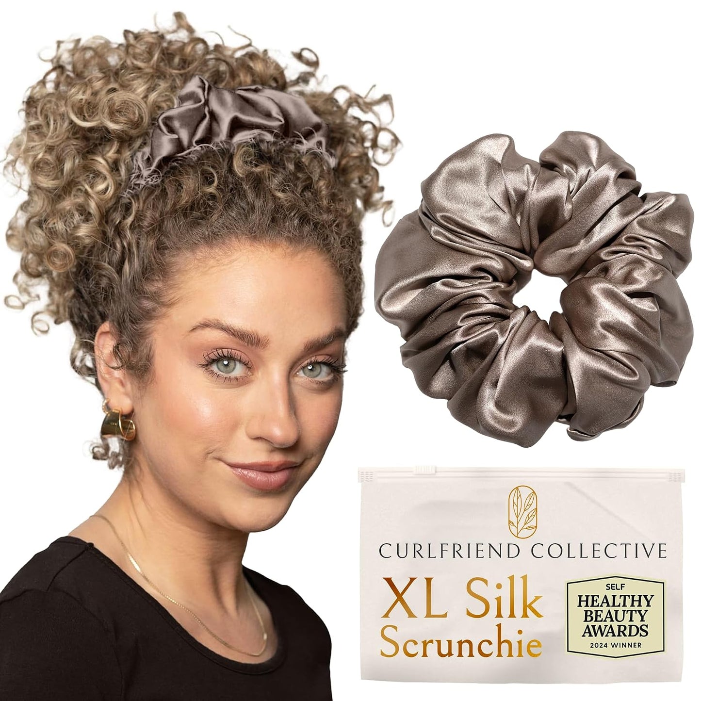 Silk Scrunchies for Women Ponytail Holders – Oversized Mulberry Silk Scrunchies – Extra Large No Damage Hair Ties for Curly, Thick, and Thin - Hair Accessories for Women – Black, XL By Curlfriend