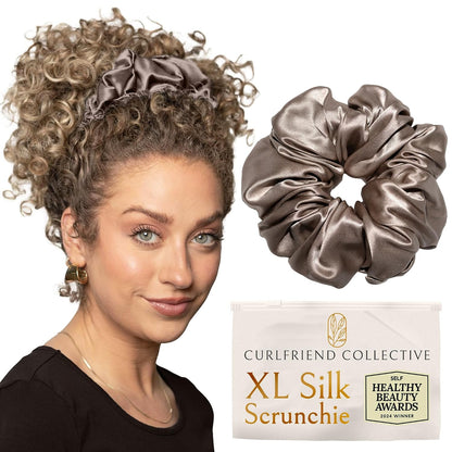 Silk Scrunchies for Women Ponytail Holders – Oversized Mulberry Silk Scrunchies – Extra Large No Damage Hair Ties for Curly, Thick, and Thin - Hair Accessories for Women – Black, XL By Curlfriend