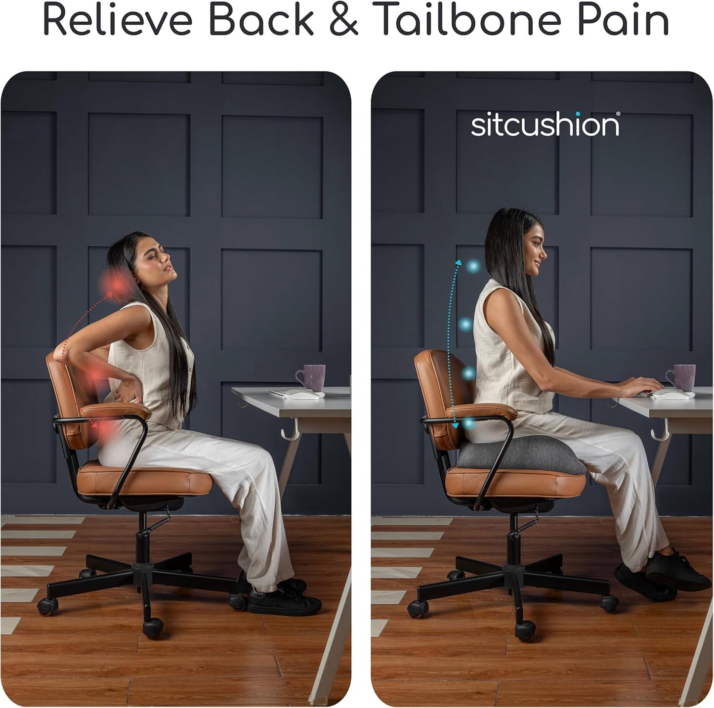 SitCushion Ergonomic Seat Cushion for Sciatica & Tailbone Pain Relief – Extra Large Memory Foam Office Chair Cushion for Long Sitting, Orthopedic Coccyx Cushion for Desk Chair, Car & Wheelchair(Black)