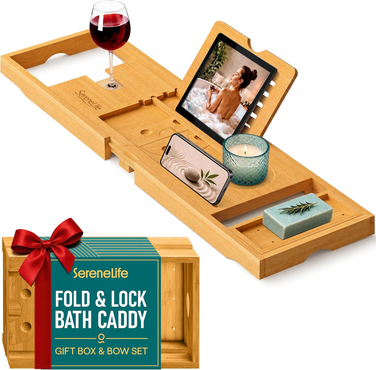SereneLife 2 in 1 Bed and Bath Tray - Foldable Bamboo Bathtub Caddy with Adjustable Length, Non-Slip, Device Holder, Wine Glass Slot, Expandable for Comfortable Bathing, Natural, Folding Set