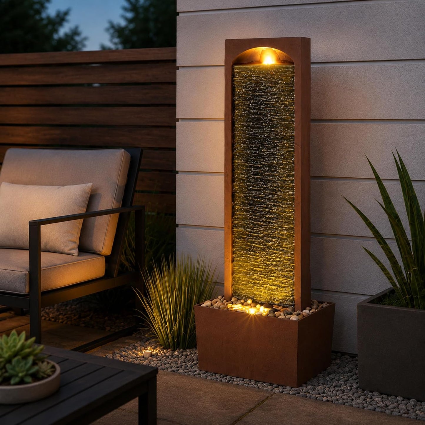 Teamson Home 38.58 in. Modern Curved Faux Slate Waterfall Fountain for Indoors or Outdoors with LED Light Accents and 1.98-Gallon Pump, Black and Stone Gray | Freestanding Floor Garden Waterfall, LED Lights, Weatherproof Polyresin, For Patio & Yard