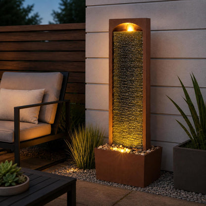 Teamson Home 38.58 in. Modern Curved Faux Slate Waterfall Fountain for Indoors or Outdoors with LED Light Accents and 1.98-Gallon Pump, Black and Stone Gray | Freestanding Floor Garden Waterfall, LED Lights, Weatherproof Polyresin, For Patio & Yard