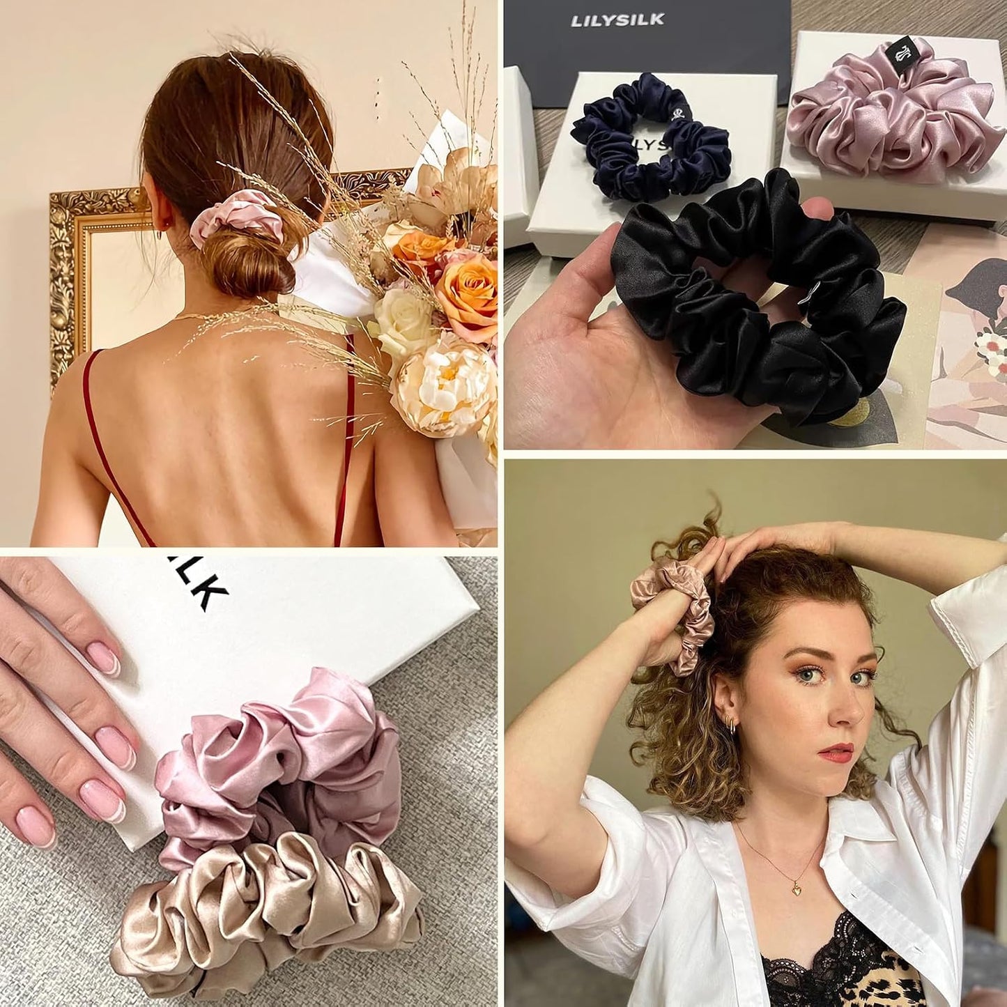 LILYSILK Silk Hair Scrunchies / Ties for Frizz & Breakage Prevention, 100% Mulberry, No Damage, Elastic ponytail Holders, 1Pc, Coffee - Colors A