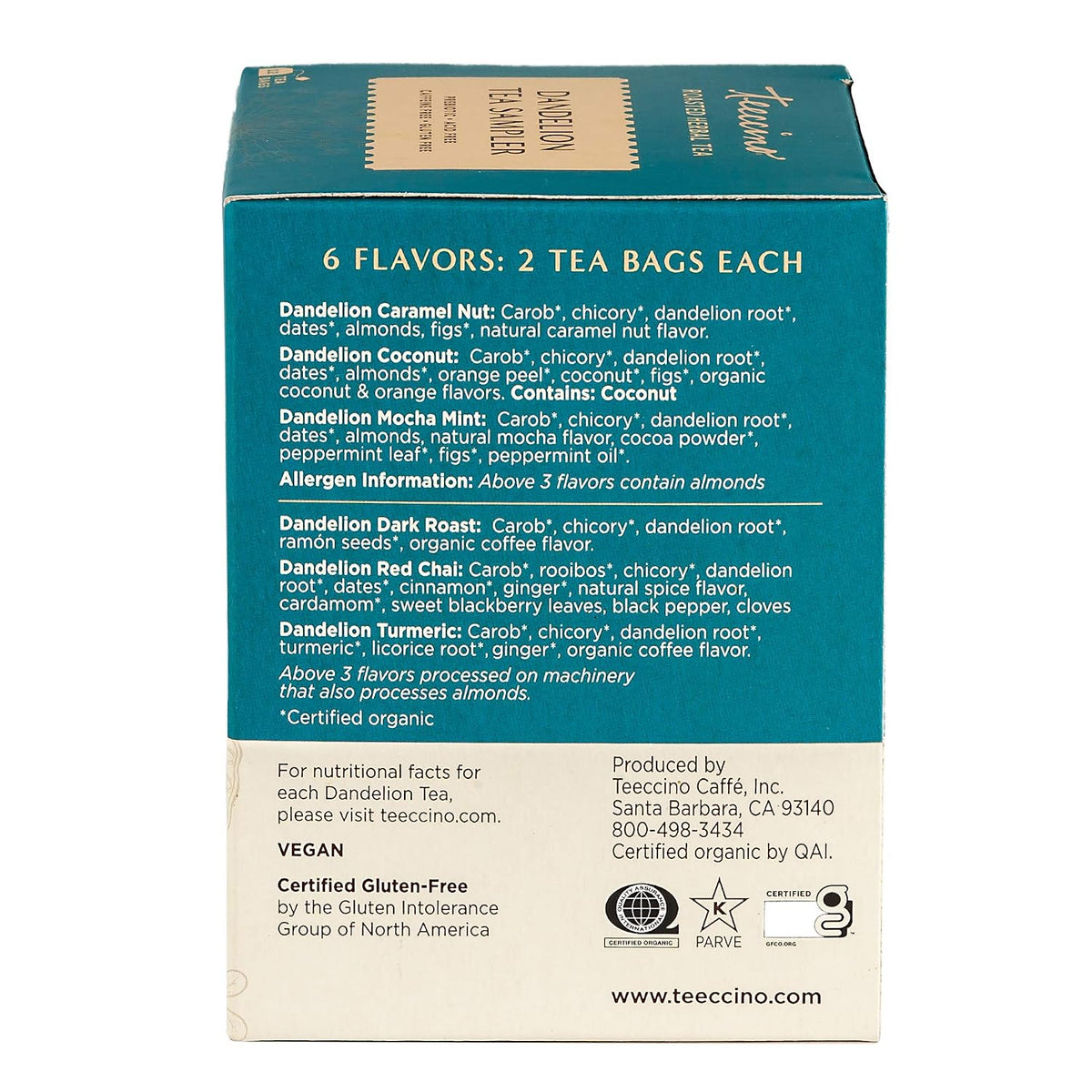 Teeccino Dandelion Tea Sampler - 12 Tea Bags - Caramel Nut, Coconut, Dark Roast, Mocha Mint, Red Chai, Turmeric - Caffeine-Free, Roasted Herbal Tea with Prebiotics, Gluten-Free