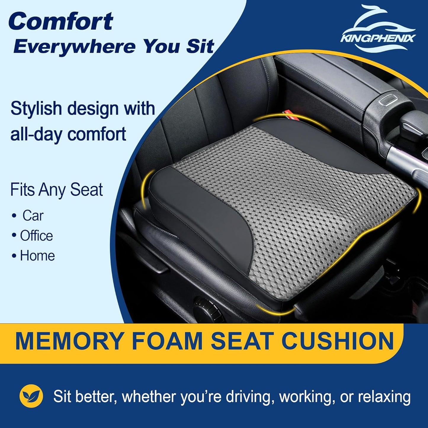 kingphenix Premium Car Seat Cushion, Memory Foam Driver Seat Cushion to Improve Driving View- Coccyx & Lower Back Pain Relief - Seat Cushion for Car, Truck, Office Chair (Leather Black)