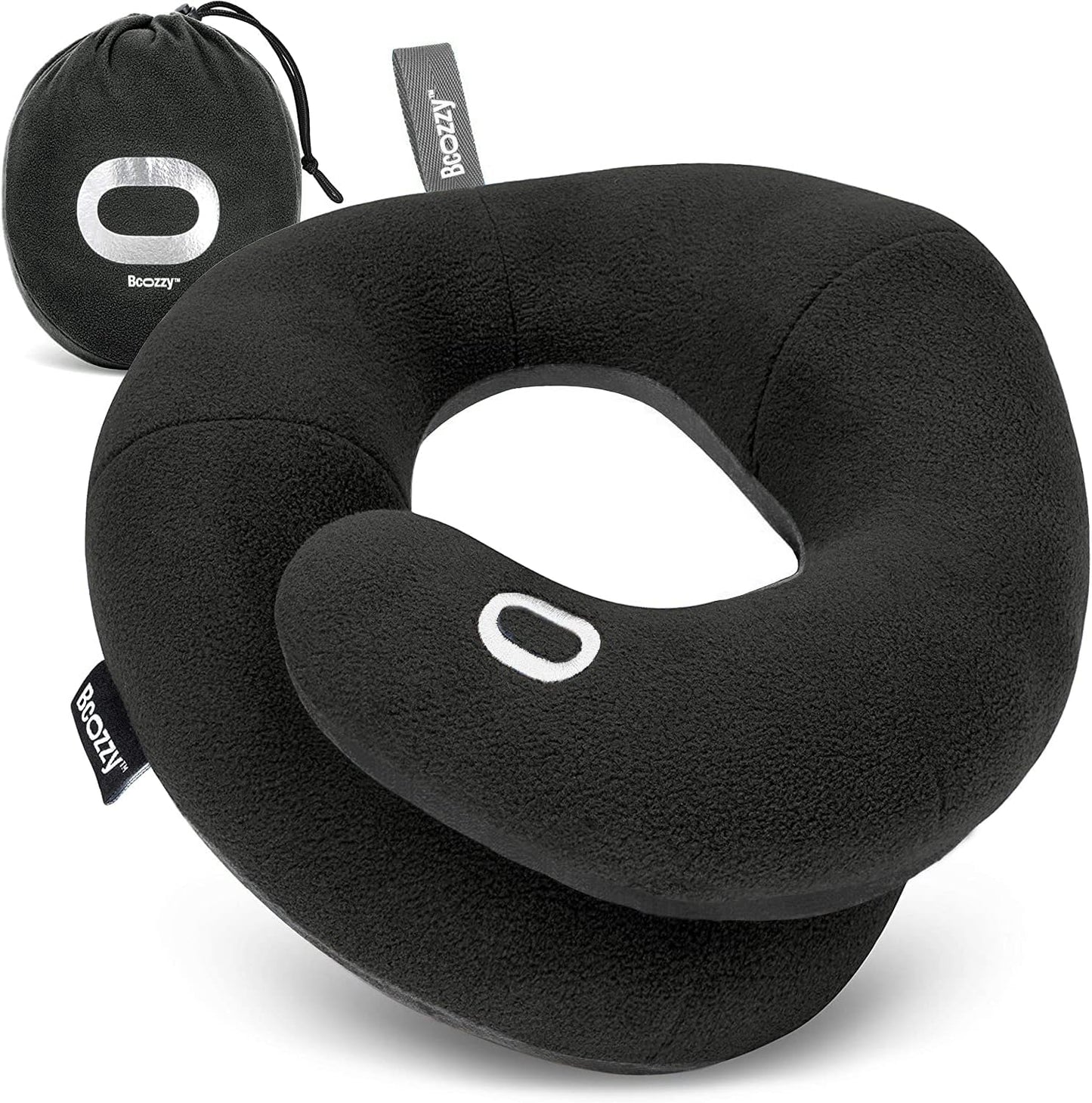 BCOZZY Travel Neck Pillow for Airplane – Patented Double Support for Head, Neck, and Chin. Best for Long Flights, Plane Sleeping, and Car Rides. Adjustable Size. Fully Washable. Carry Bag. Large, Gray