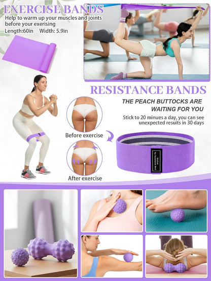 Gemscream 17 Pcs Yoga Essential Kit for Women, Pilates Equipment Starter Set for Beginners with Yoga Wheel Ball Blocks Strap Resistance Bands Wrist Rings Socks Towel & Carry Bag for Home Workouts