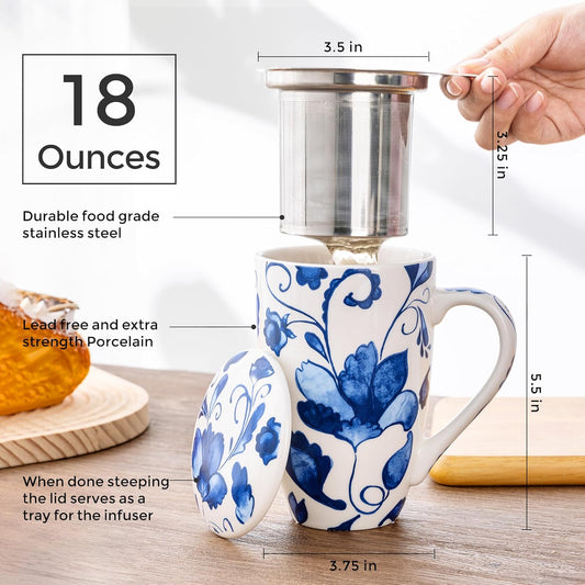 GBhome Tea Mug with Infuser and Lid, 18 Ounce Large Ceramic Loose Leaf Cup, Microwave, Dishwasher Safe, Perfect for Tea Lovers