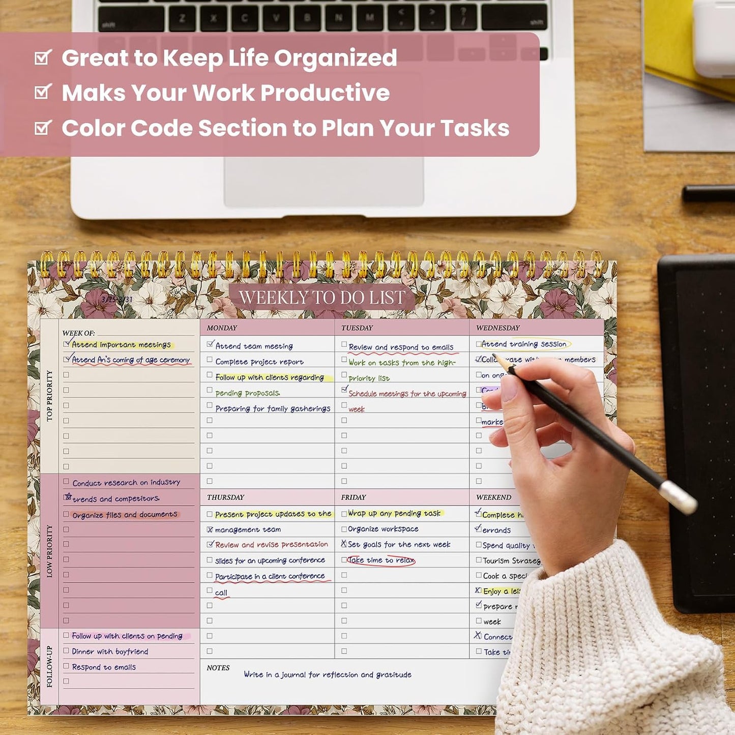 Weekly To Do List Notepad with 52 Undated Sheets（8.5"×11"）- Undated Weekly Planner Notepad for Office Desk Accessories and Supplies - Sunshine Petal