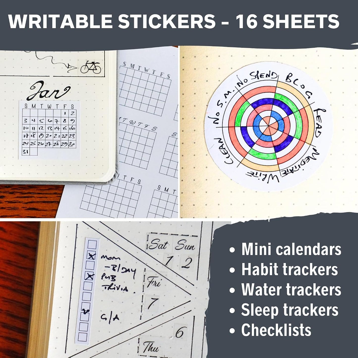 Simple Productivity Weekly Planner Stickers (Black & White) - 30 Sheets of Writable and Transparent Stickers - Mini Calendars, Habit Tracker, Days, Numbers - Supplies for Bullet Dotted Journals