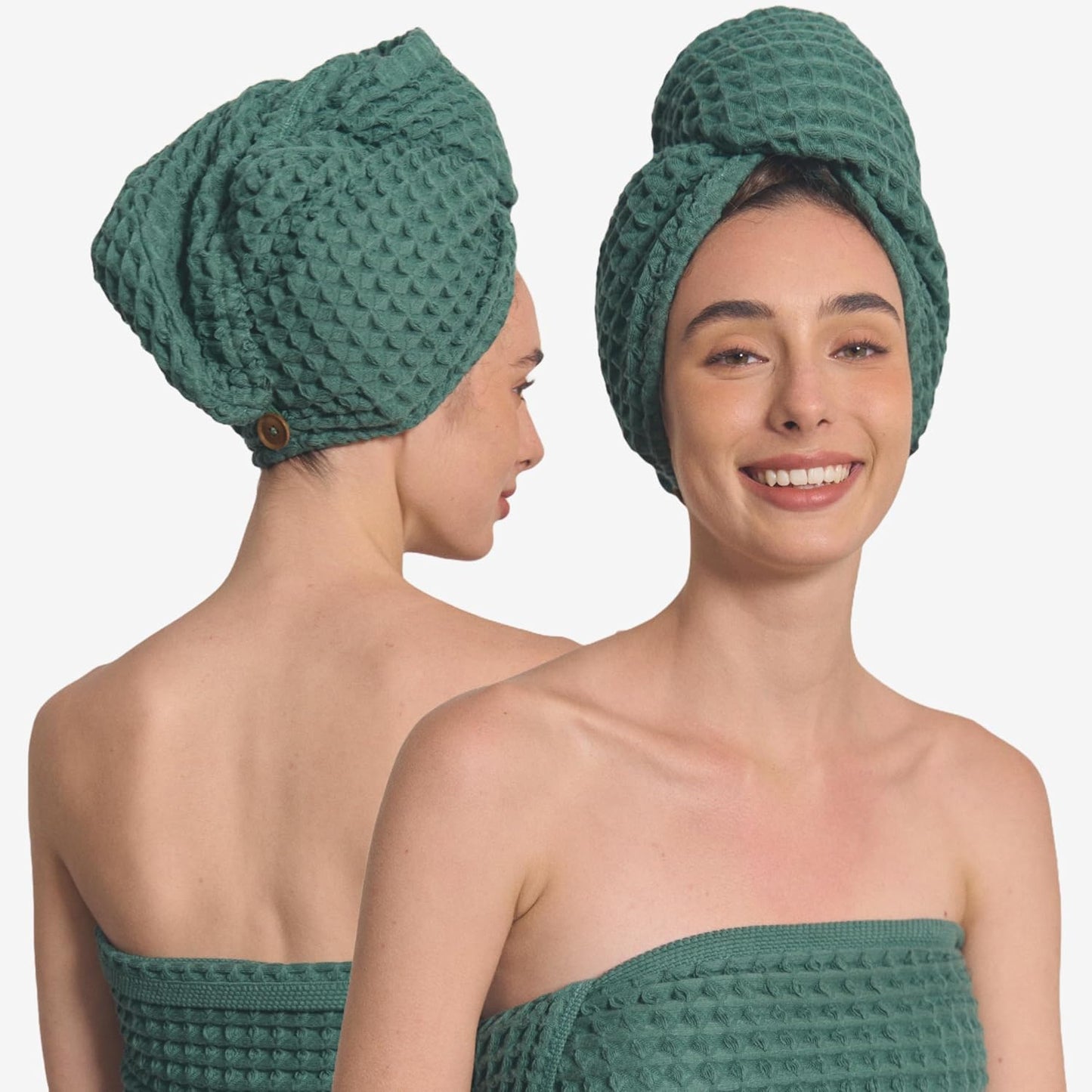 Luxury Organic Japanese Cotton Hair Drying Waffle Towel Wrap for Women | Absorbent, Quick-Dry Head Turban for Shower, Sauna, Spa | Extra Large for Long, Curly, Straight Hair With Button (White, 1 Pc)