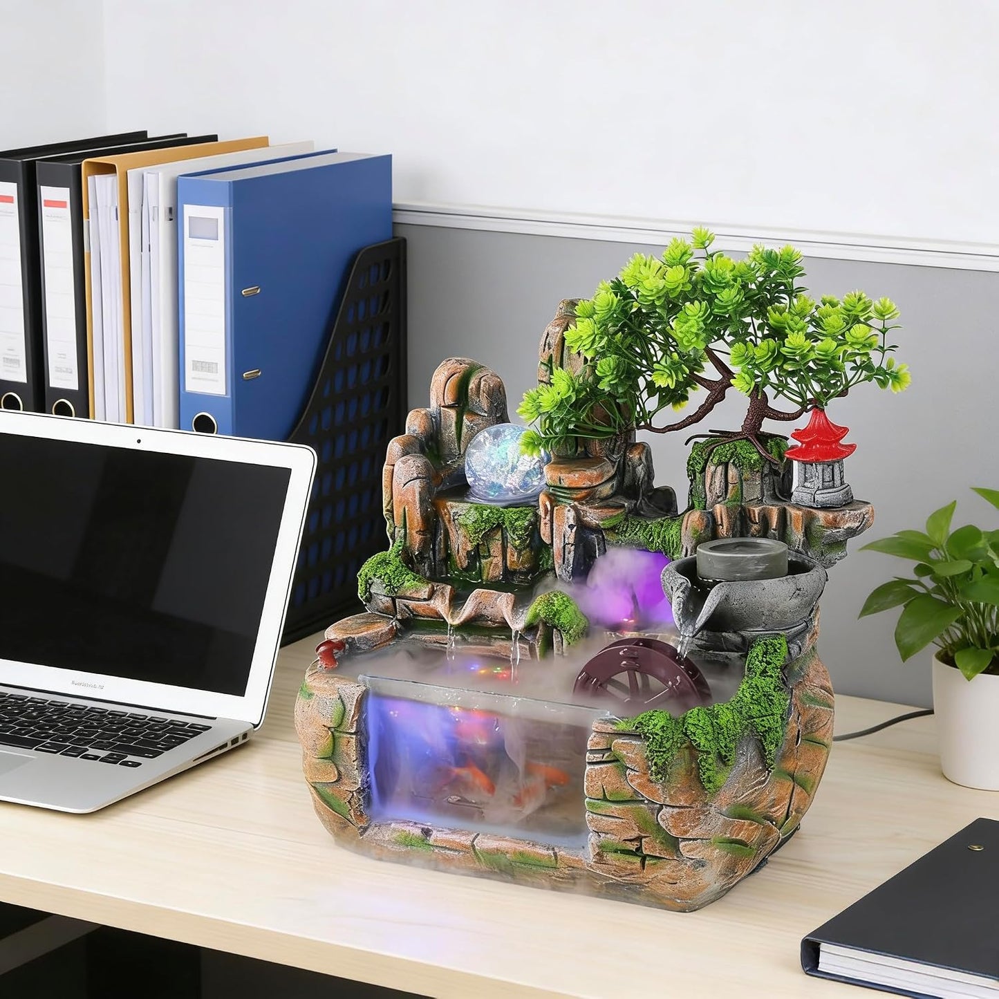 Mini Artificial Bonsai Tree Waterfall Fog Feature Rock Tabletop Fountain | 11in Desktop Decor Waterfall Fountain W/ Water Pump& Atomizer&LED Lights &Fake Tree Office Bedroom Relax