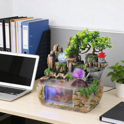 Mini Artificial Bonsai Tree Waterfall Fog Feature Rock Tabletop Fountain | 11in Desktop Decor Waterfall Fountain W/ Water Pump& Atomizer&LED Lights &Fake Tree Office Bedroom Relax