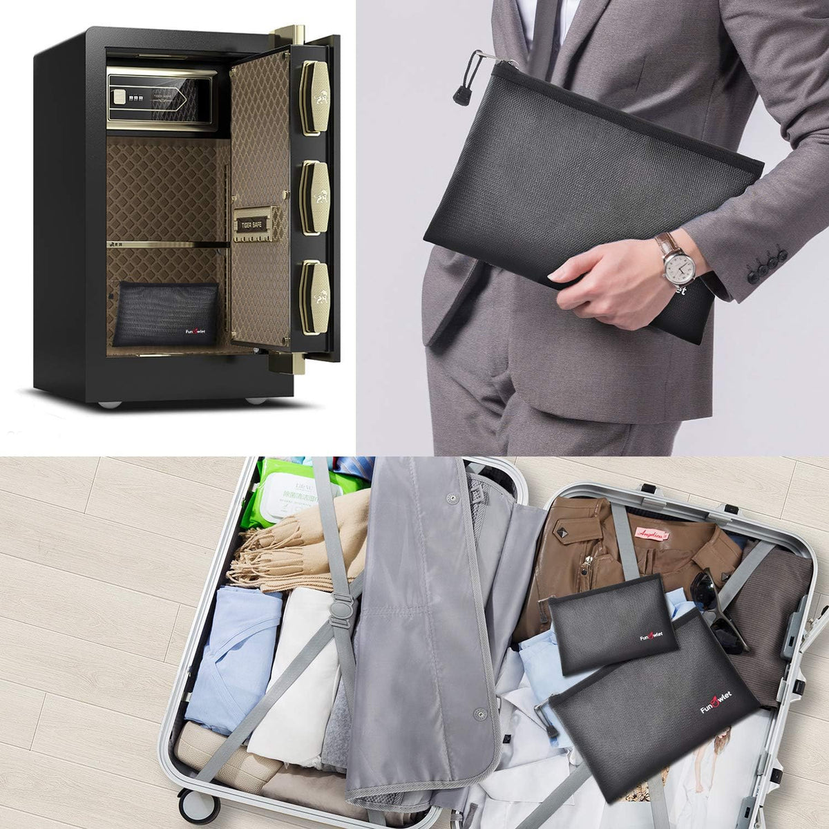 Fireproof Waterproof Money Document Bag, 2Pack Safe Pouch Black