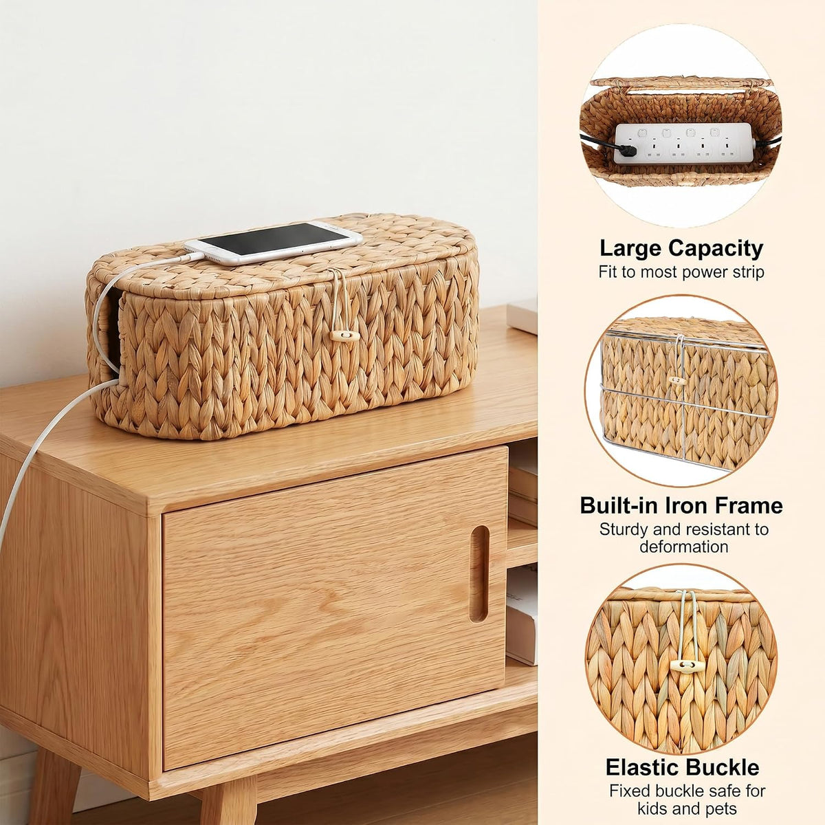 Set of 2 Cable Management Box, Handwoven Cord Hider Box with 3 Open Slots