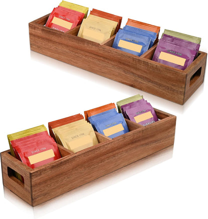 Acacia Wood Tea Bag Organizer with 4 Slots – Tea Bag Holder and Tea Organizer, Sugar Packet Storage for Countertops