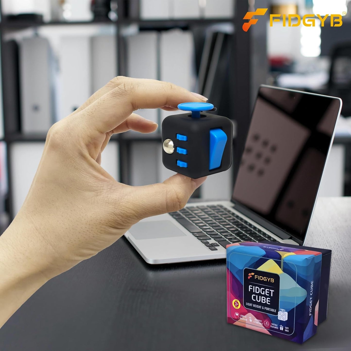 Cube Fidget Stress Relief Toy for Adults & Kids, Smooth, Quiet Sensory Toy for Anxiety, Focus & ADHD Idea[Blk_Blue]
