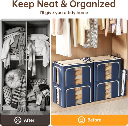 Clothes Storage Bins with Metal Frame Foldable Storage Box Clothes Organizers Storage Containers for Clothes Sheets Blankets Books Toys Gifts and Holiday Decorations (66Lx3 Pack)