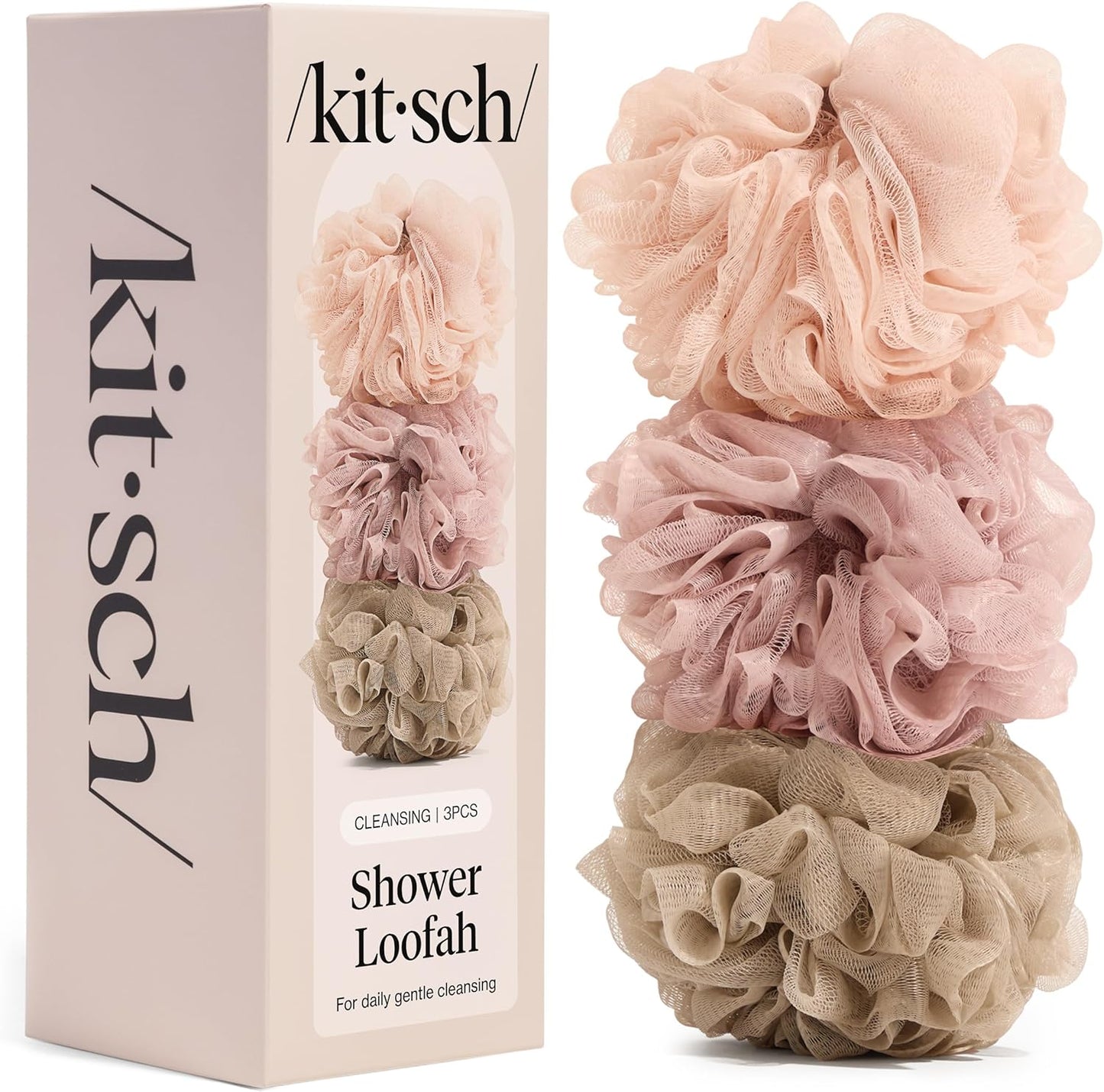 Kitsch Shower Loofah – Soft Mesh Body Scrubber & Bath Sponge for Daily Gentle Cleansing – Durable Loofah for Men and Women with Hanging Loop, Eco-Friendly, 100% PCR Material – 3pc Set, Ballet