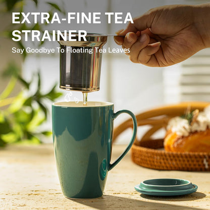 Sweese 15oz Porcelain Tea Mug with Infuser and Lid – Microwave Safe, Ergonomic Handle, Lead-Free Glaze, for Loose Leaf Tea
