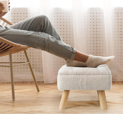 OGEMXU Storage Ottoman, Small Foot Stool Ottoman with Storage, Boucle Teddy Velvet Foot Rest with Padded Seat, Sturdy Wood Legs Stool for Living Room, Bedroom, Couch, Enterway (Cream)