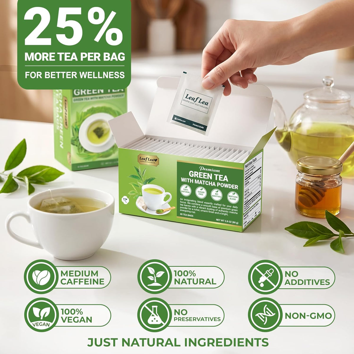 LeafLea Matcha Green Tea Bags, 80 Individually Wrapped, Stock-Up 2-Pack