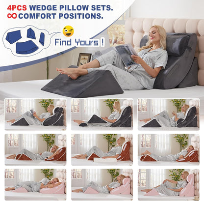 4PCS Orthopedic Bed Wedge Pillow Set for Sleeping, Post Surgery Foam Support Pillows for Back, Neck and Leg Pain Relief, Adjustable Triangle Pillow – Acid Reflux, GERD & Snoring Recovery, White Grey