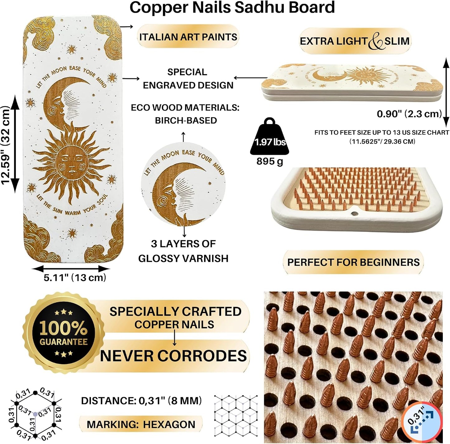 TENGRY Sadhu Board, Specially Crafted Aluminum & Copper Nails, Light Nail Board, 0.31 IN (8 mm), Beginners, Hexagon, Slim Sadhu Wood Board for Standing on Nails, Acupuncture Foot Massage, Yoga Gift