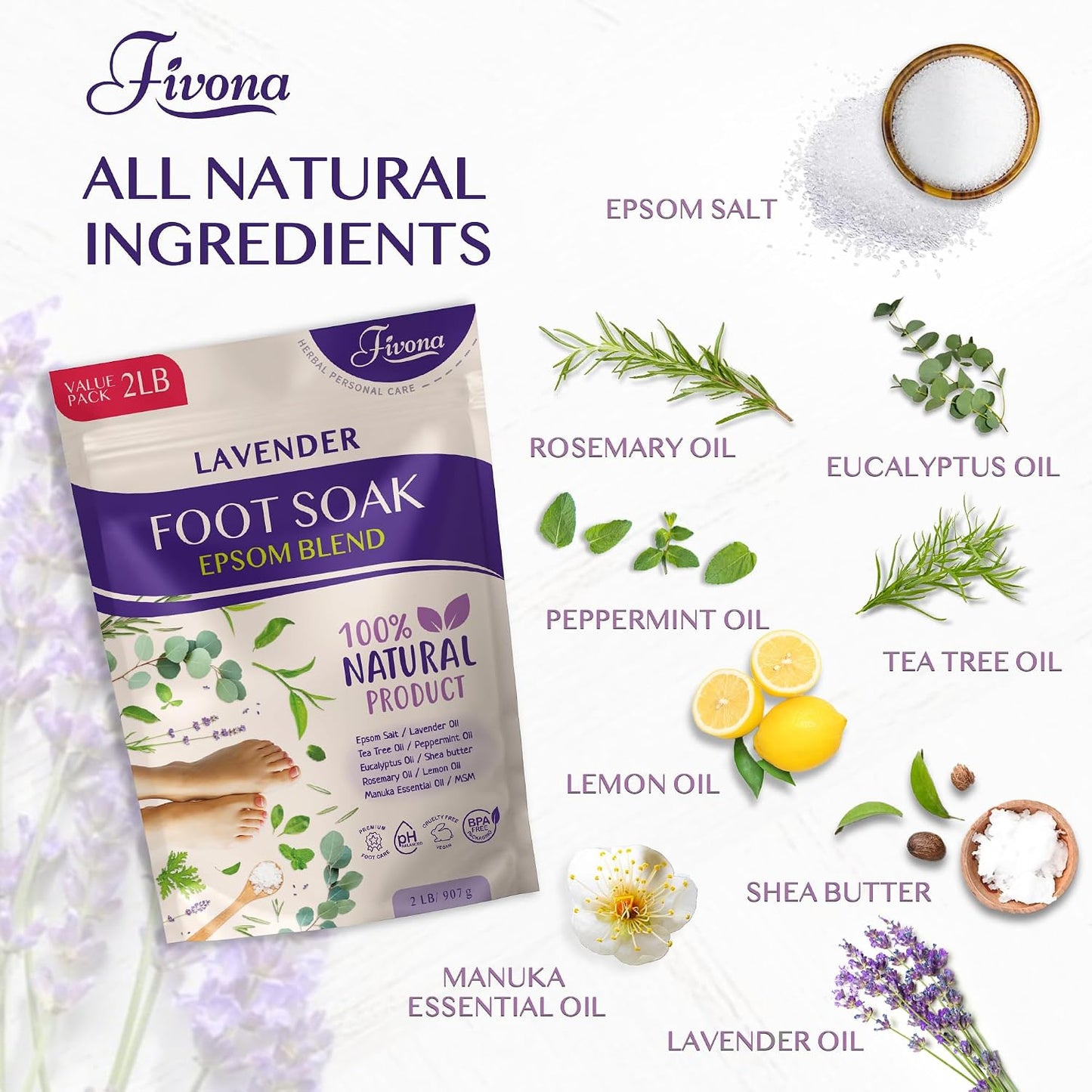 Fivona Tea Tree Foot Soak Blend 14.1 oz - Epsom Salt with Essential Oils for Healthy Toenails, Soothing Relief, Callus Softening - Pedicure Therapy for Soft, Rejuvenated Feet