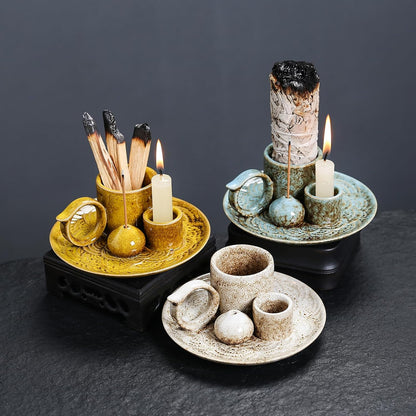 4 in 1 Ceramic Incense Burner Holder with Handle for Burning Sage, Palo Santo Stick, Joss Sticks, Candle in Your New House, Office, Yoga, Meditation Room (Speckled Blue)