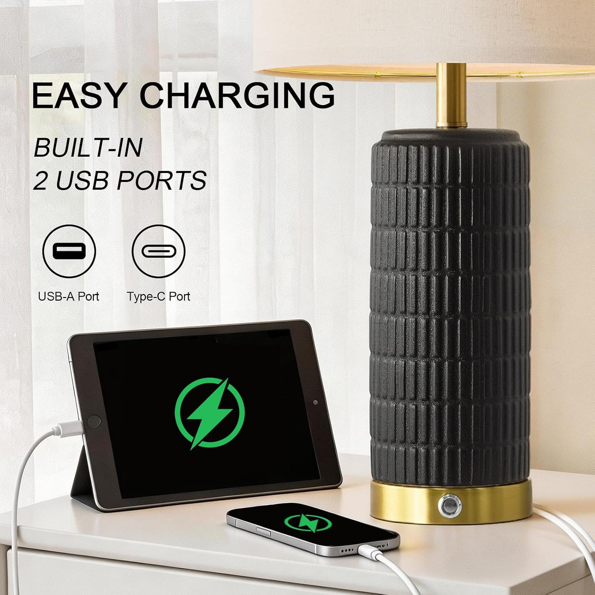 PoKat Touch Bedside Table Lamps with 2 USB for Bedroom Living Room, 25''